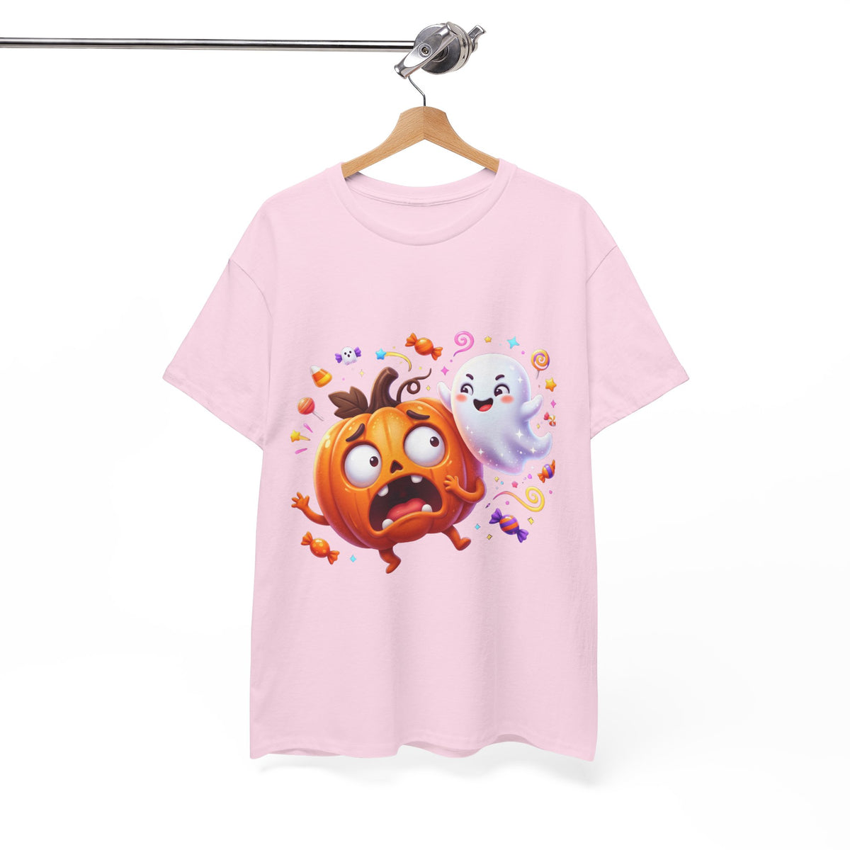Cute Halloween Pumpkin & Ghost Tee — Scared Pumpkin Candy Graphic T-Shirt
