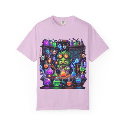Mad Scientist Cat Lab T-Shirt — Neon Potion Halloween Tee
