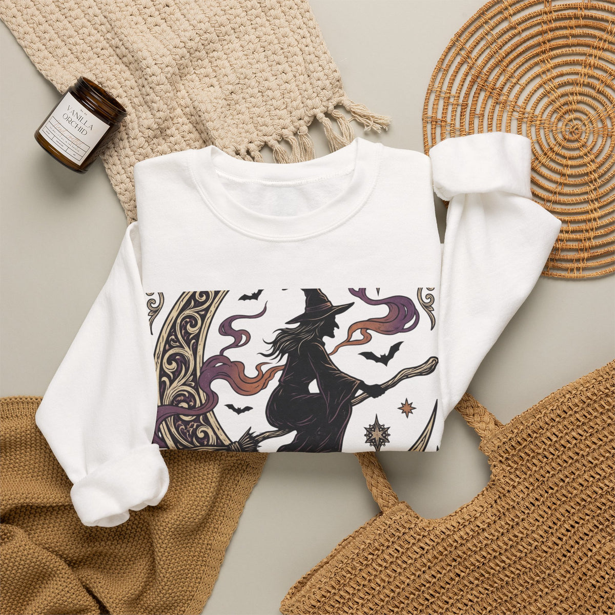 Witch Please Crewneck Sweatshirt — 'Magic After Dark' Witch Silhouette on Crescent Moon
