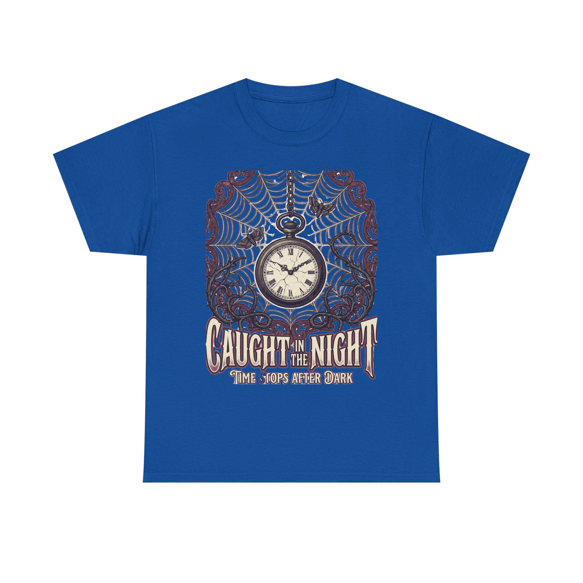Caught in the Night Pocket Watch Tee — Gothic Spiderweb Vintage Clock T‑Shirt