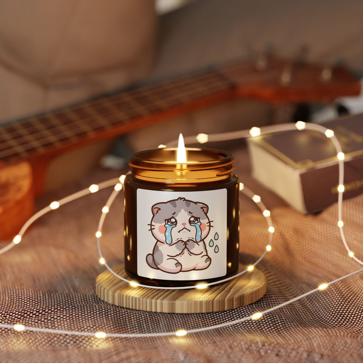 Crying Kawaii Cat Soy Candle — Amber Jar Scented Candle