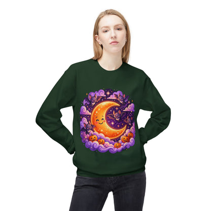 Halloween Moon Crewneck Sweatshirt — Cute Smiling Moon, Pumpkins & Bats Pullover