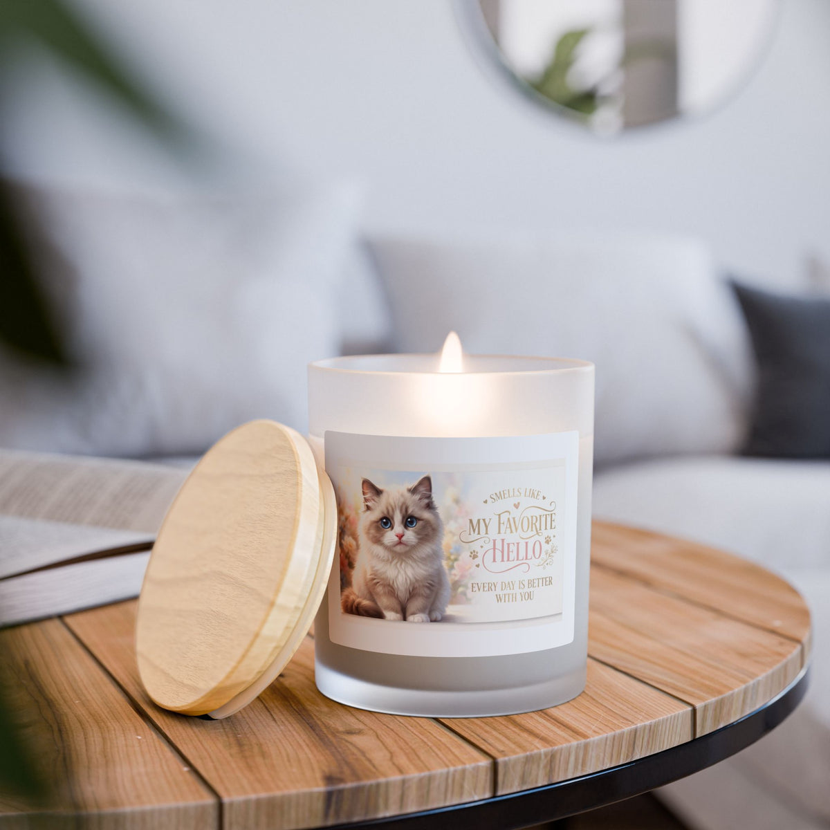 Kitten Photo Frosted Glass Candle — “My Favorite Hello” Scented Candle, 11 oz