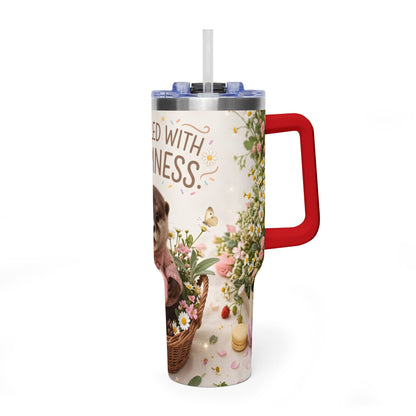 40oz Tumbler – “Sprinkled with Happiness” Puppy Floral Drink Cup