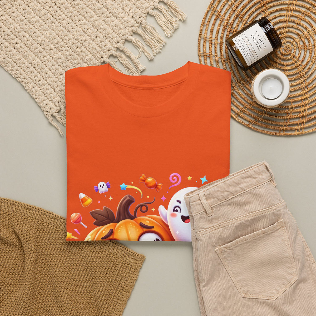 Cute Halloween Pumpkin & Ghost Tee — Scared Pumpkin Candy Graphic T-Shirt
