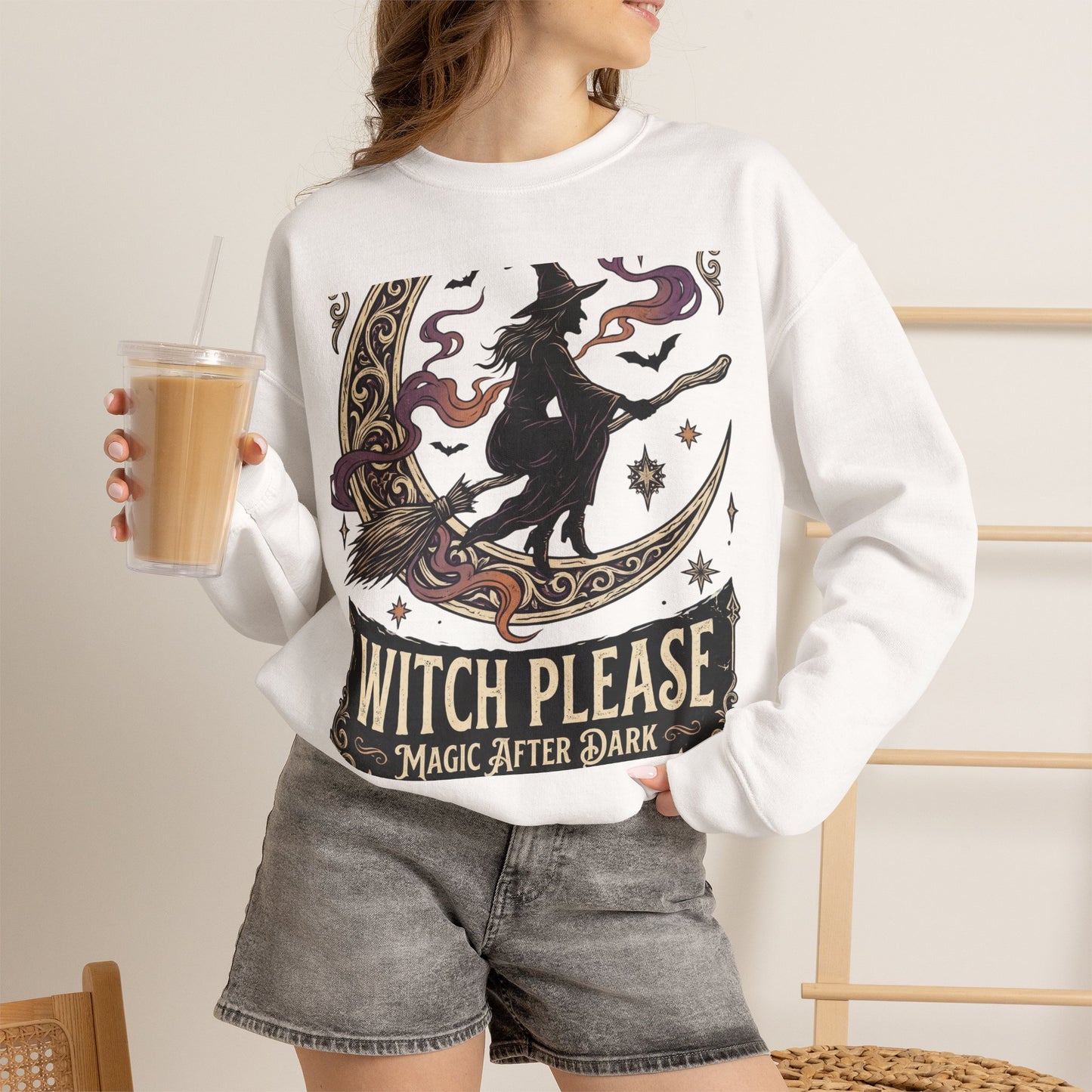 Witch Please Crewneck Sweatshirt — 'Magic After Dark' Witch Silhouette on Crescent Moon