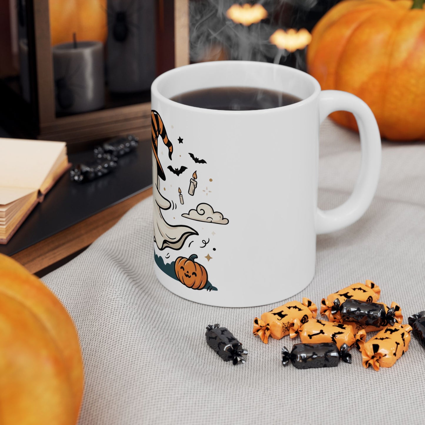 Halloween Ghost Ceramic Mug — Cute Ghost with Witch Hat, Pumpkins & Cats (11oz/15oz)