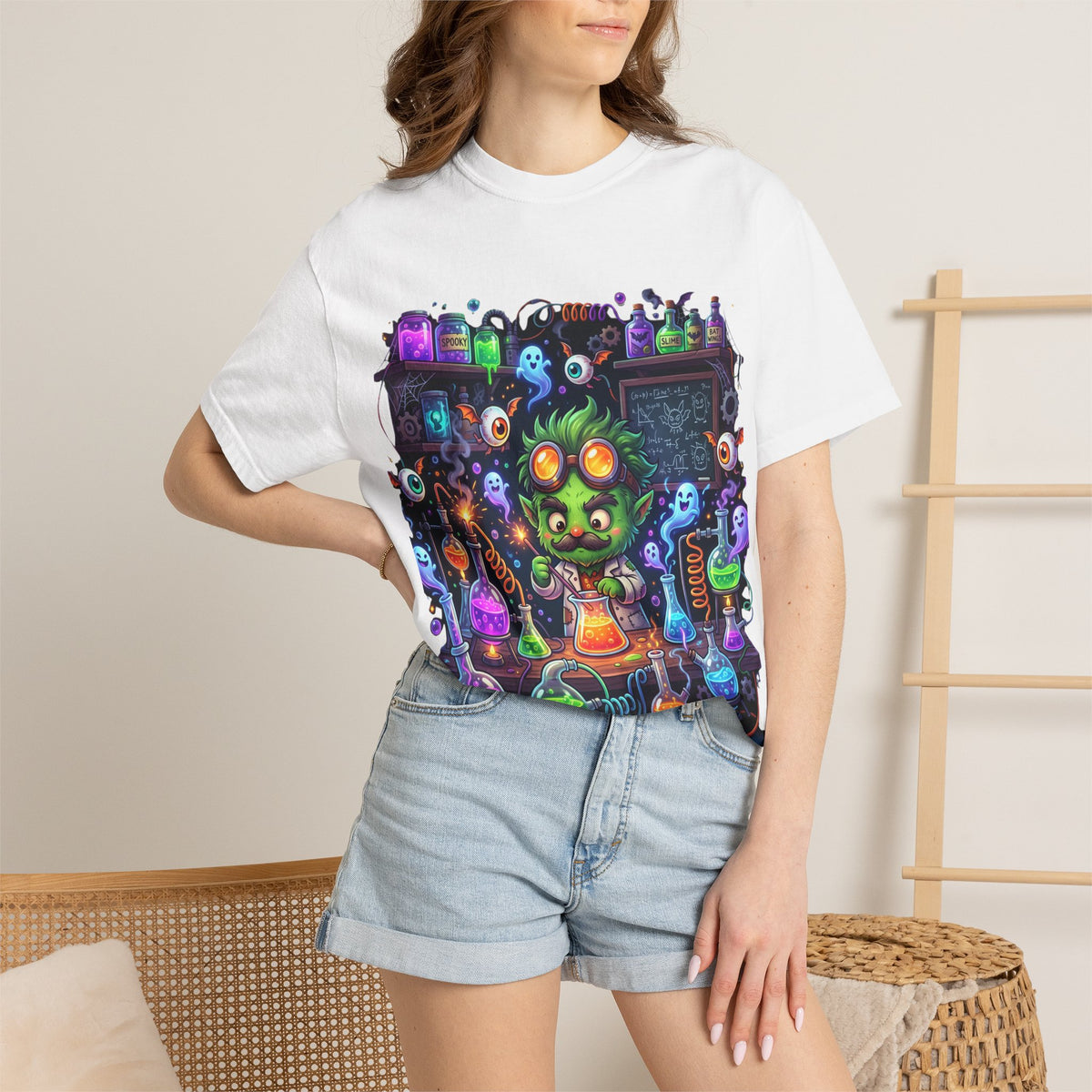 Mad Scientist Cat Lab T-Shirt — Neon Potion Halloween Tee