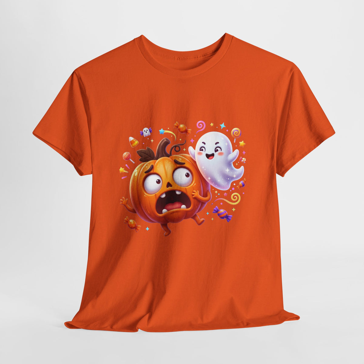 Cute Halloween Pumpkin & Ghost Tee — Scared Pumpkin Candy Graphic T-Shirt