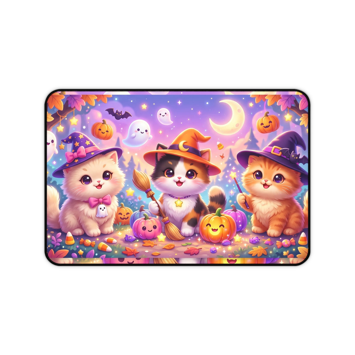 Halloween Kittens Desk Mat — Cute Witch Cat Pumpkins Gaming Mouse Pad