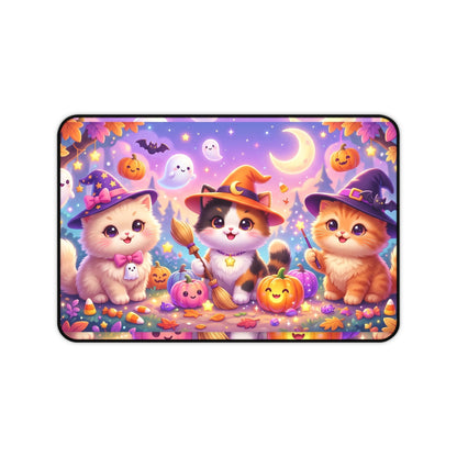 Halloween Kittens Desk Mat — Cute Witch Cat Pumpkins Gaming Mouse Pad