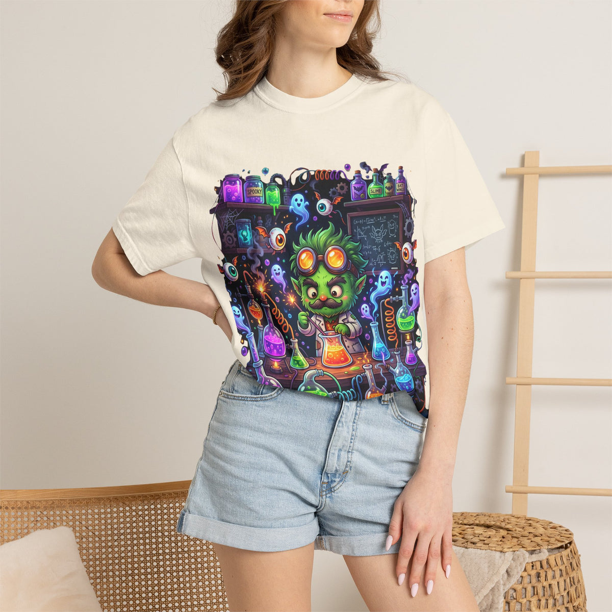 Mad Scientist Cat Lab T-Shirt — Neon Potion Halloween Tee