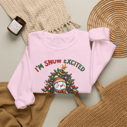 Christmas Sweatshirt – "I’m Snow Excited for Christmas" Cute Snowman Tree Holiday Crewneck