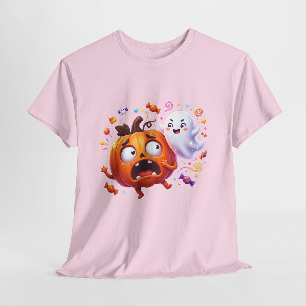 Cute Halloween Pumpkin & Ghost Tee — Scared Pumpkin Candy Graphic T-Shirt