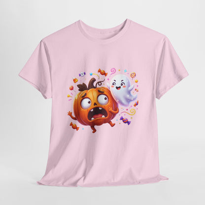 Cute Halloween Pumpkin & Ghost Tee — Scared Pumpkin Candy Graphic T-Shirt