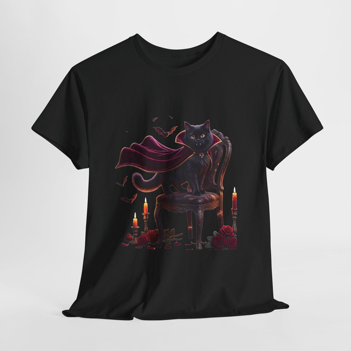 Vampire Cat Tee — Gothic Black Cat with Cape & Candles T-Shirt