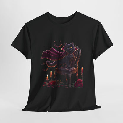Vampire Cat Tee — Gothic Black Cat with Cape & Candles T-Shirt