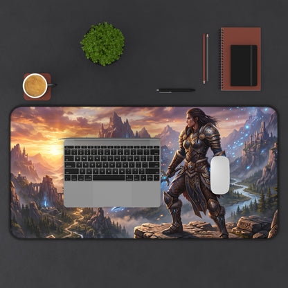Epic Fantasy Warrior Desk Mat — Scenic Sword & Mountain Gaming Mouse Pad