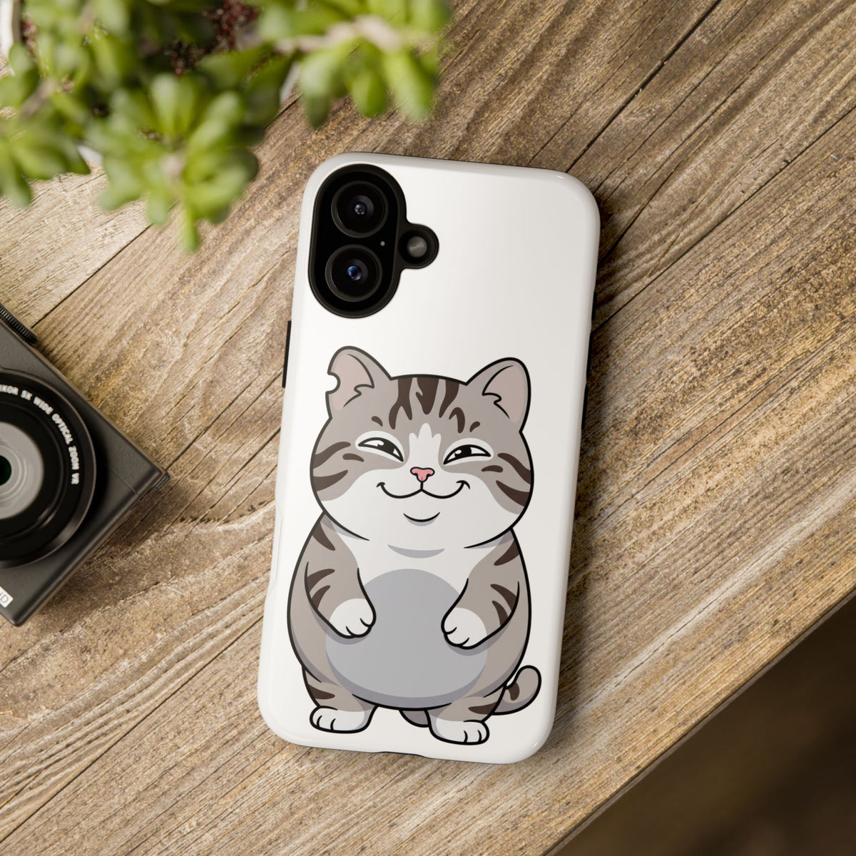 Cute Chubby Cat Phone Case — Protective Tough Case with Smiling Tabby Design