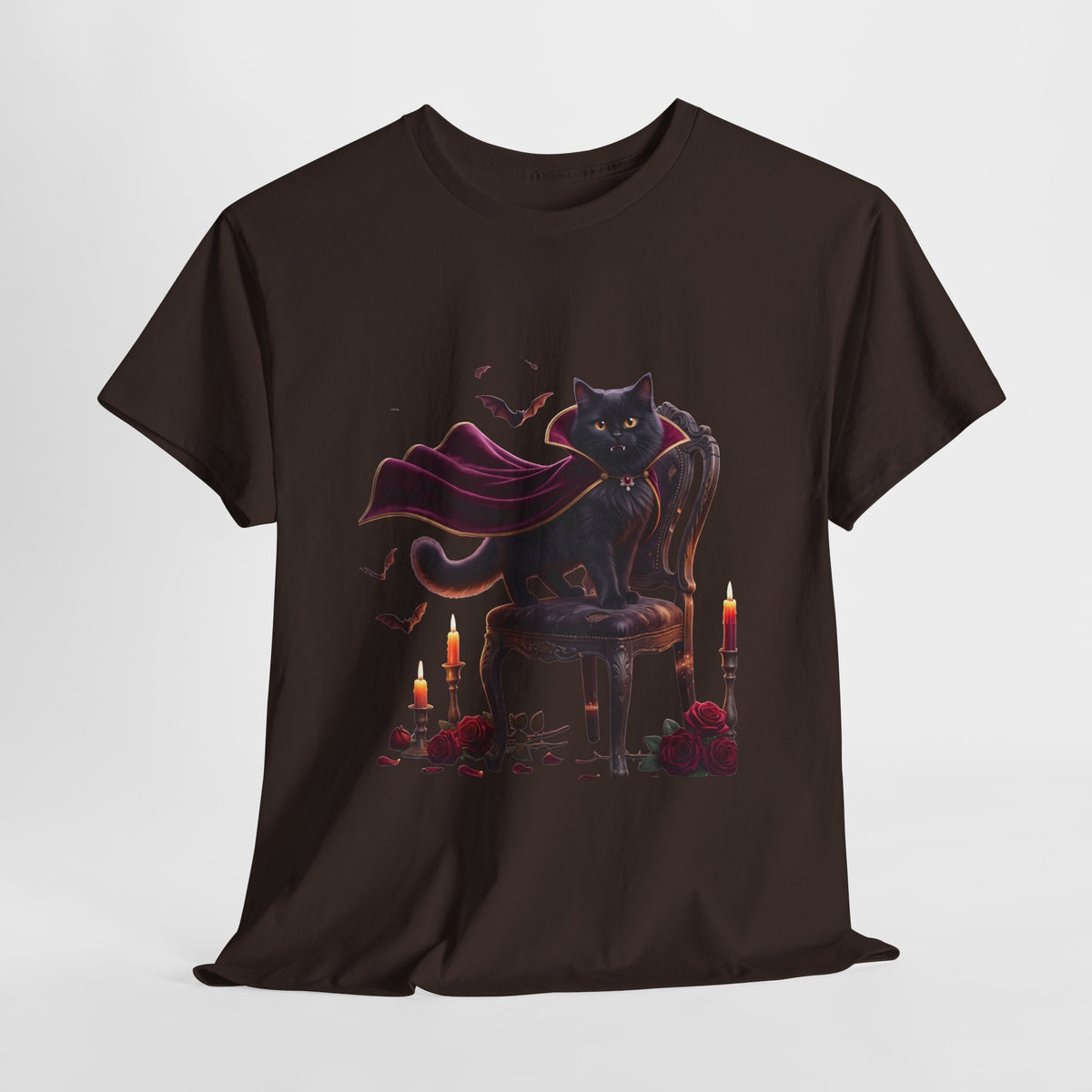 Vampire Cat Tee — Gothic Black Cat with Cape & Candles T-Shirt