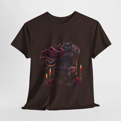 Vampire Cat Tee — Gothic Black Cat with Cape & Candles T-Shirt