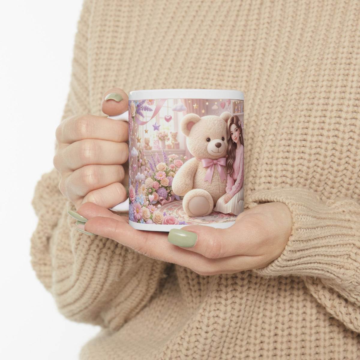 Cute Girl & Teddy Bear Floral Ceramic Mug (11oz, 15oz)