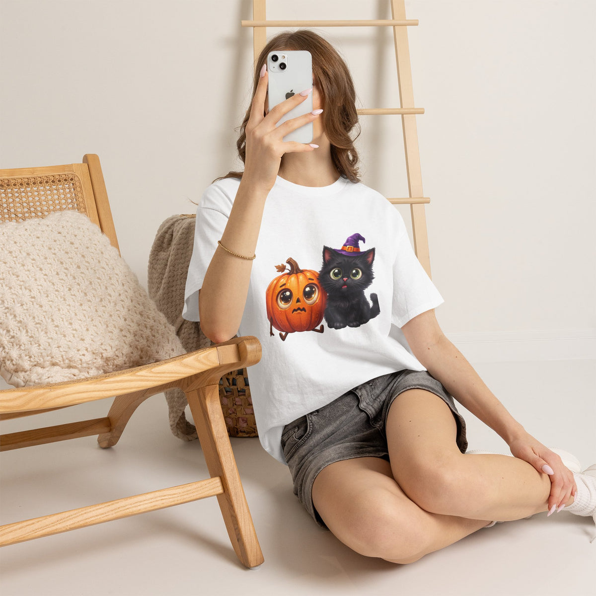 Halloween Black Cat & Pumpkin T‑Shirt — Cute Witch Hat Kitty Fall Tee
