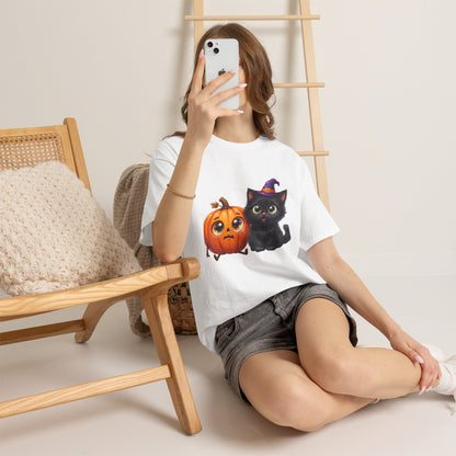 Halloween Black Cat & Pumpkin T‑Shirt — Cute Witch Hat Kitty Fall Tee