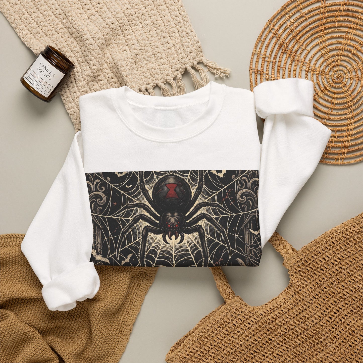 Spider Web Sweatshirt - "Don't Get Caught in the Web of Night" Graphic Crewneck