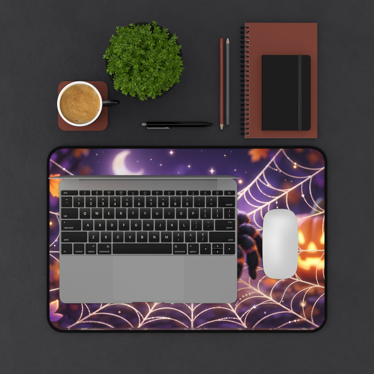 Cute Halloween Spider Desk Mat — Kawaii Spider on Pumpkin & Web Mousepad