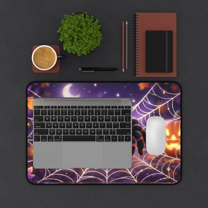 Cute Halloween Spider Desk Mat — Kawaii Spider on Pumpkin & Web Mousepad