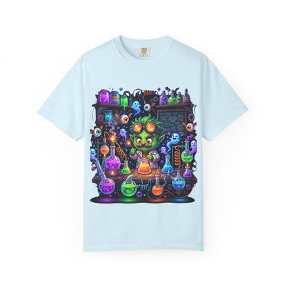 Mad Scientist Cat Lab T-Shirt — Neon Potion Halloween Tee