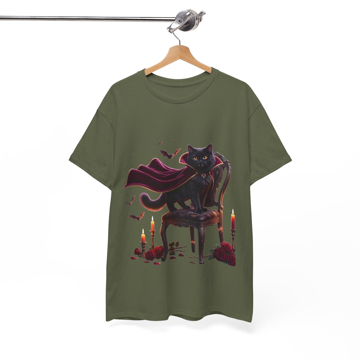 Vampire Cat Tee — Gothic Black Cat with Cape & Candles T-Shirt