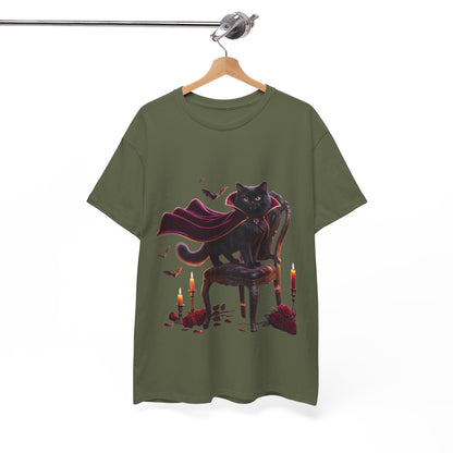 Vampire Cat Tee — Gothic Black Cat with Cape & Candles T-Shirt