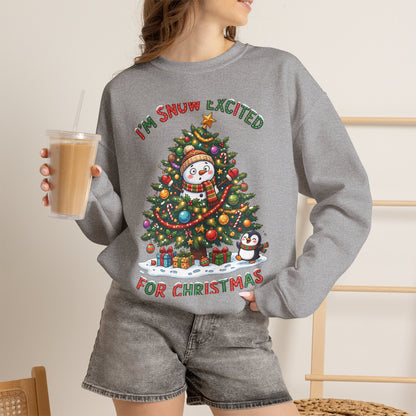 Christmas Sweatshirt – "I’m Snow Excited for Christmas" Cute Snowman Tree Holiday Crewneck