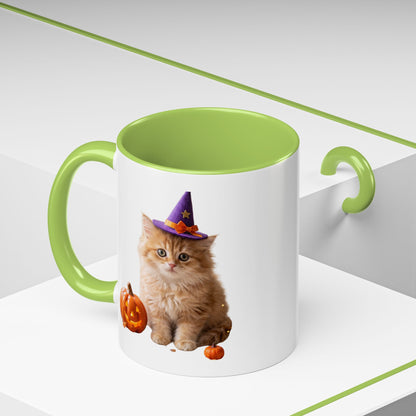Halloween Cat Coffee Mug with Witch Hat and Pumpkin
