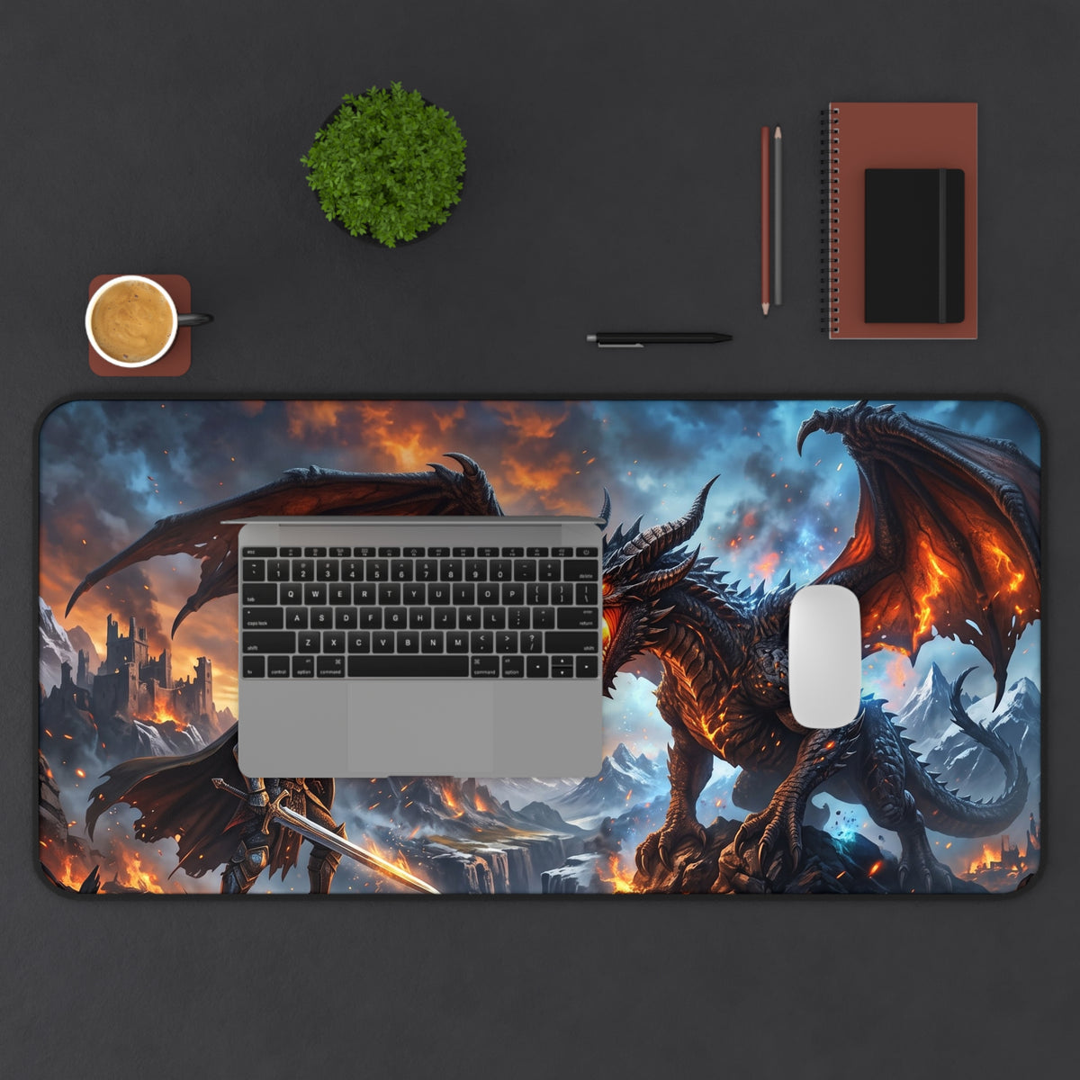Dragon Battle Desk Mat — Fantasy Warrior vs. Fire Dragon Gaming Mouse Pad