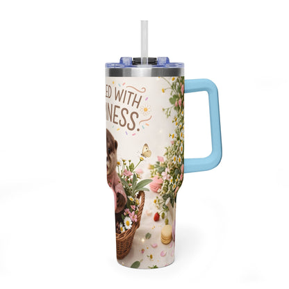 40oz Tumbler – “Sprinkled with Happiness” Puppy Floral Drink Cup