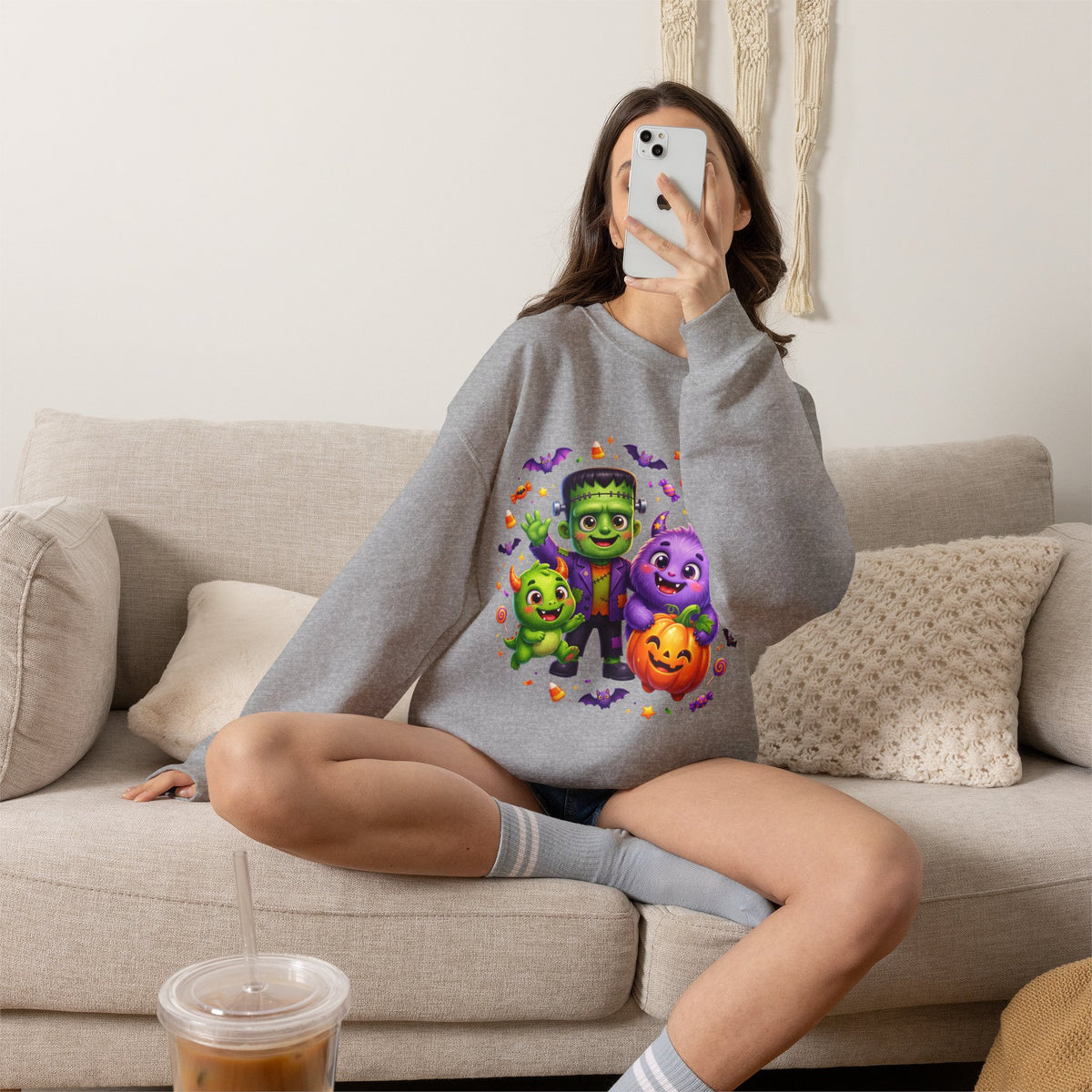 Halloween Monster Crewneck Sweatshirt — Cute Frankenstein, Vampire & Pumpkin Design