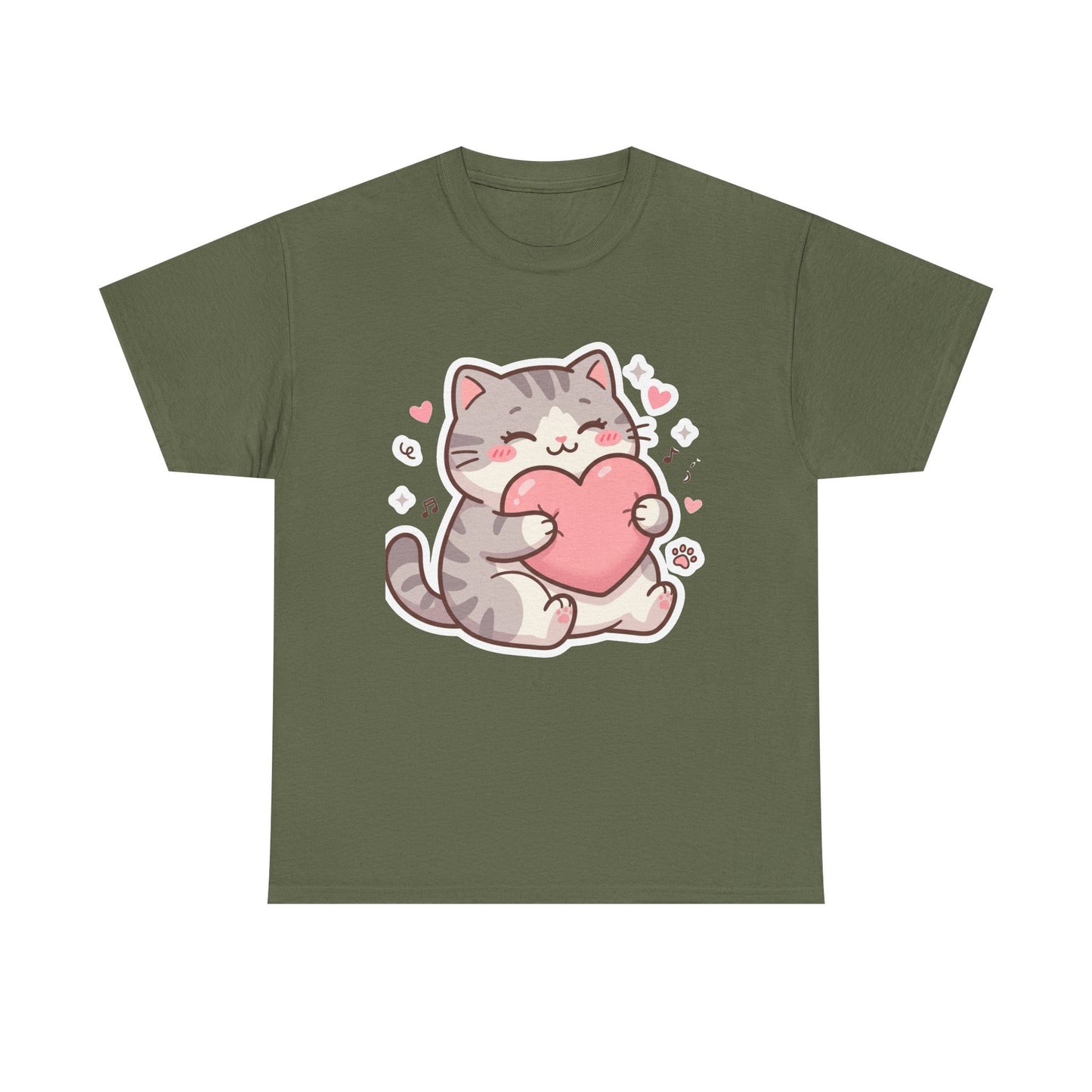 Cute Cat Hugging Heart T-Shirt — Kawaii Valentine Kitty Tee
