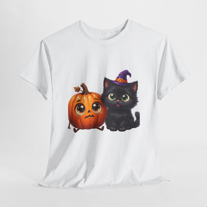 Halloween Black Cat & Pumpkin T‑Shirt — Cute Witch Hat Kitty Fall Tee