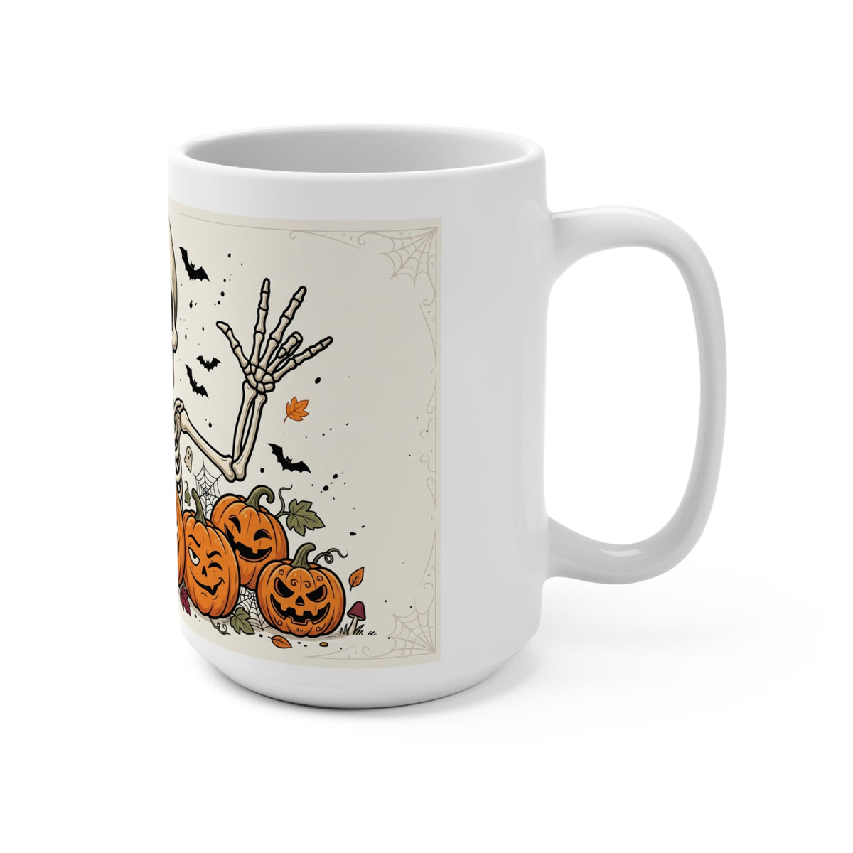 Halloween Skeleton & Jack-o'-Lantern 15oz Mug — Spooky Pumpkin Coffee Cup