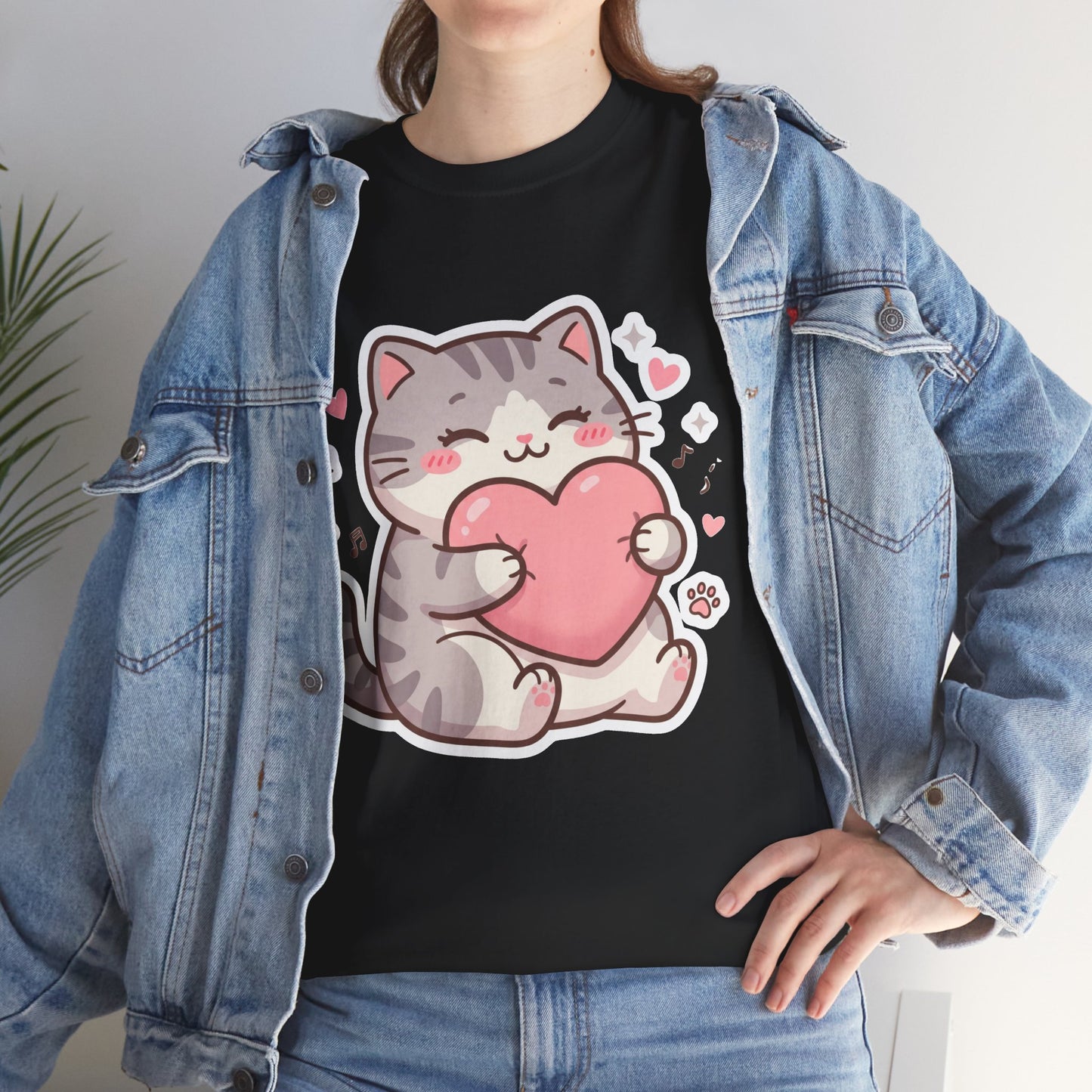 Cute Cat Hugging Heart T-Shirt — Kawaii Valentine Kitty Tee