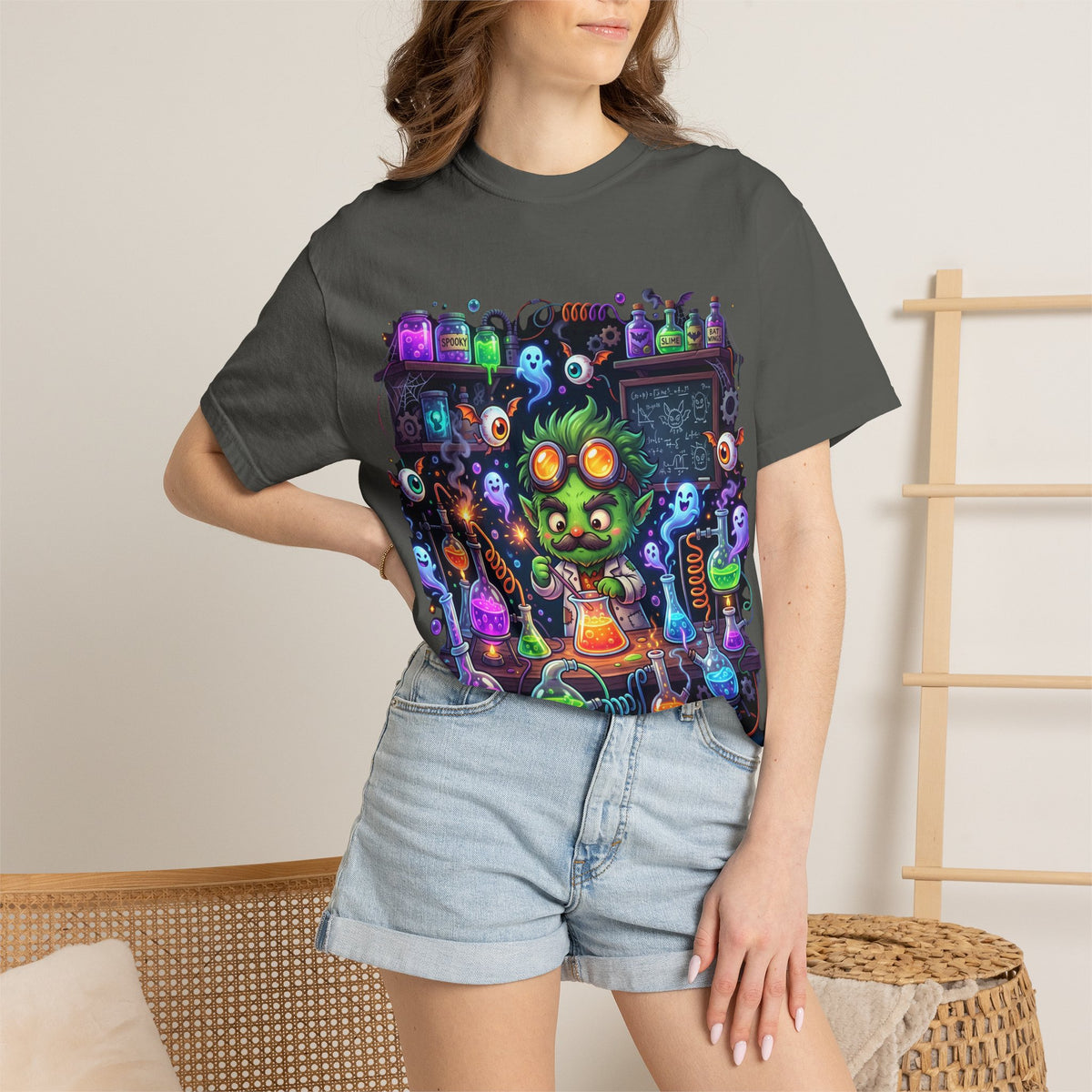 Mad Scientist Cat Lab T-Shirt — Neon Potion Halloween Tee