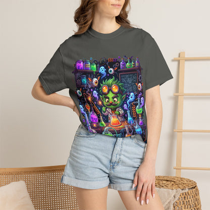Mad Scientist Cat Lab T-Shirt — Neon Potion Halloween Tee