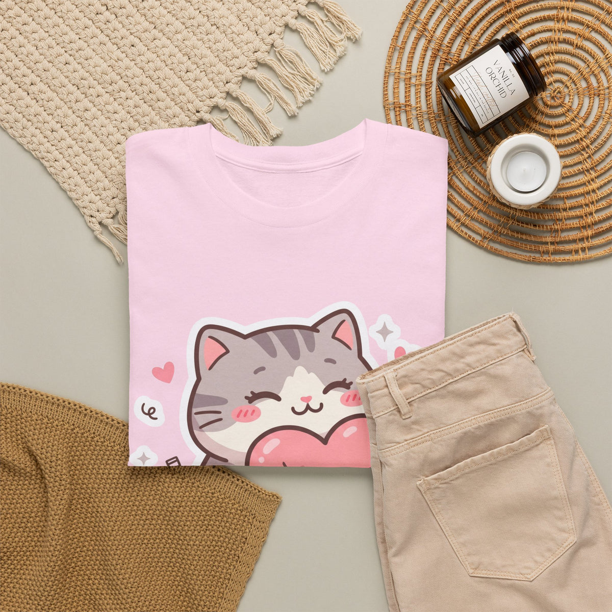 Cute Cat Hugging Heart T-Shirt — Kawaii Valentine Kitty Tee