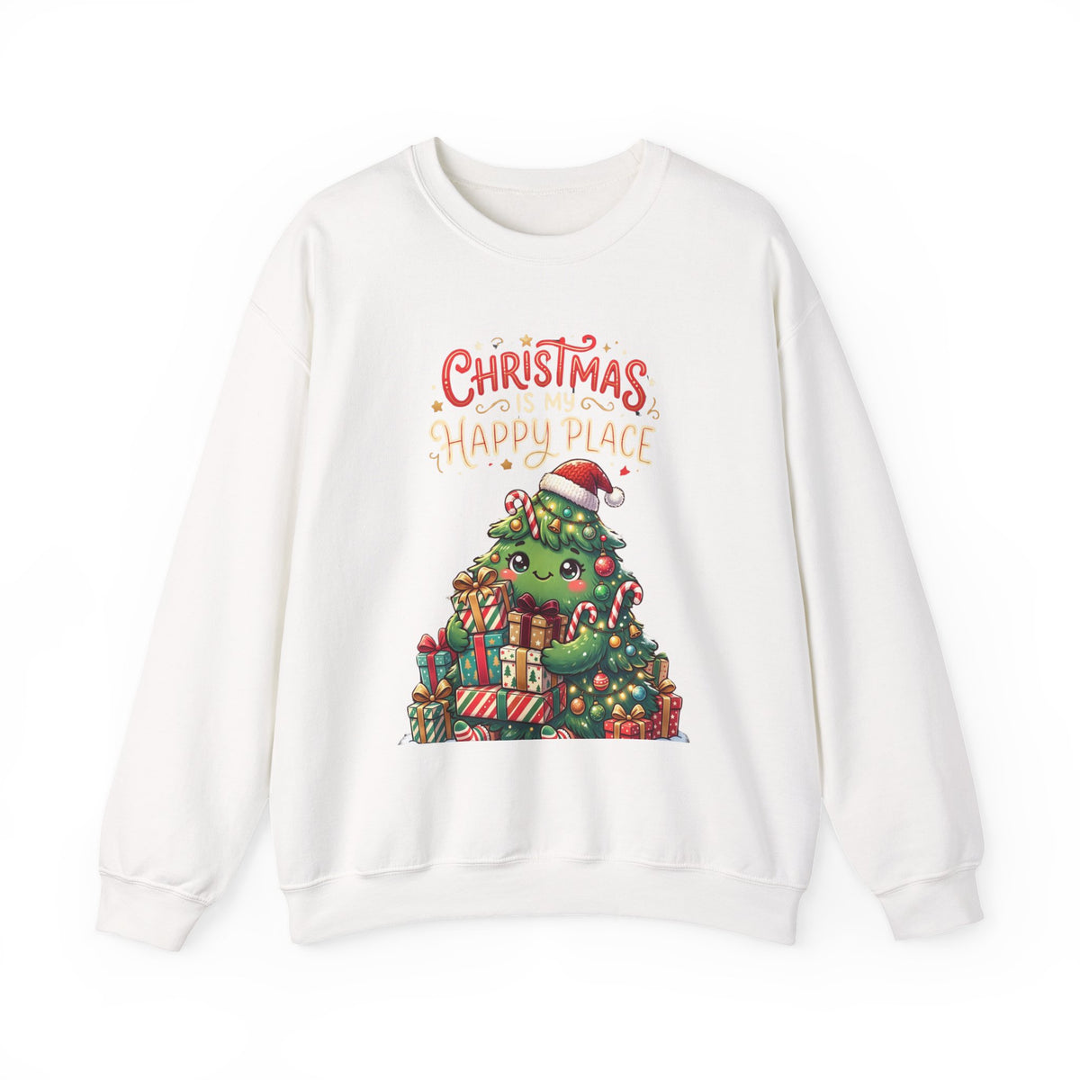 Christmas Happy Place Crewneck Sweatshirt — Cute Kawaii Tree & Gifts Holiday Sweatshirt