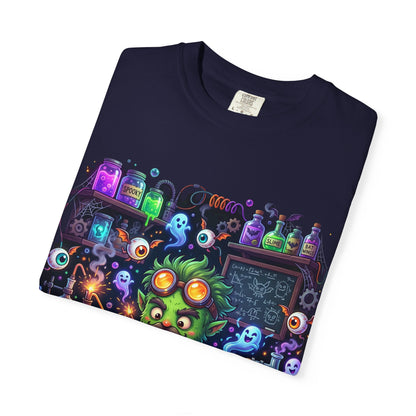 Mad Scientist Cat Lab T-Shirt — Neon Potion Halloween Tee