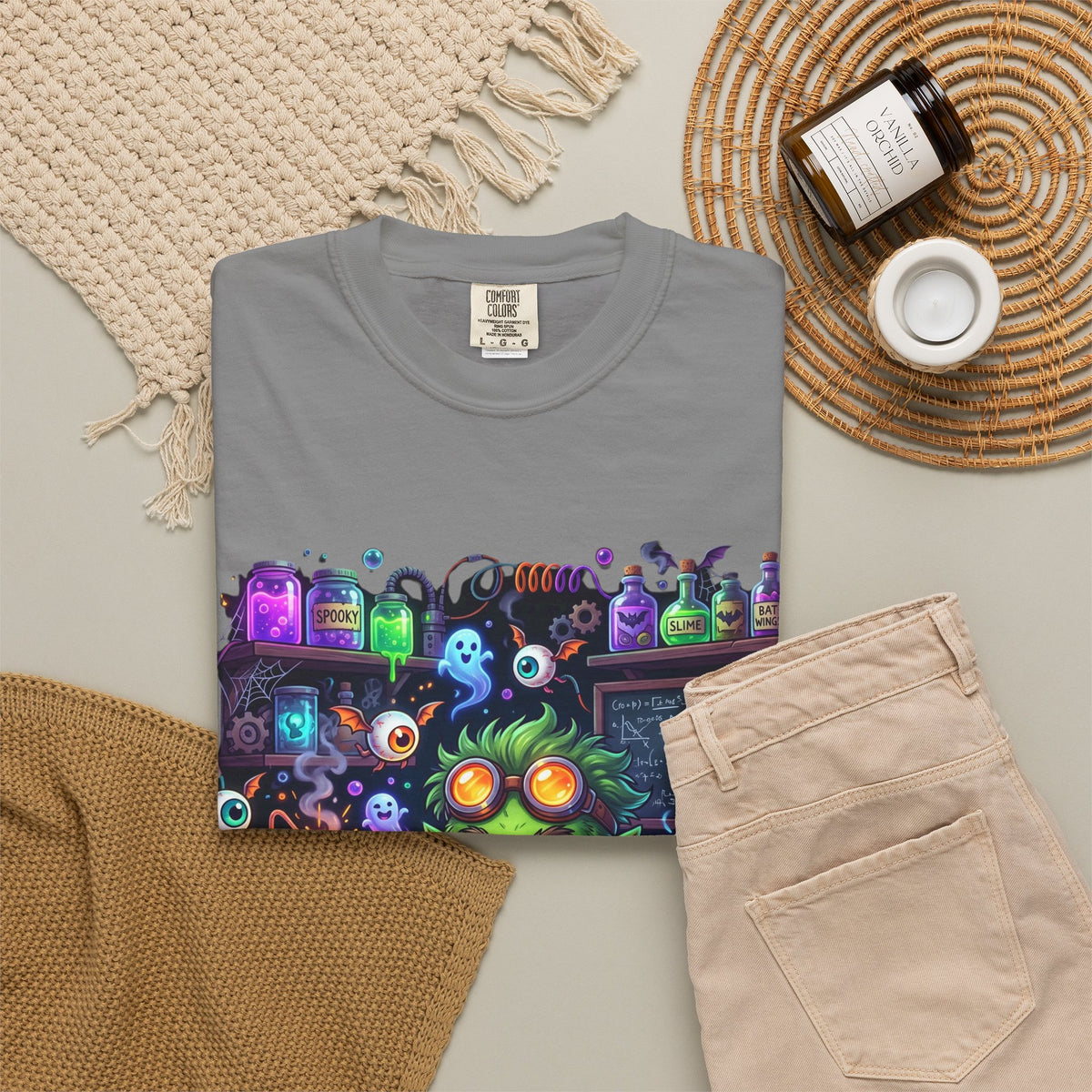Mad Scientist Cat Lab T-Shirt — Neon Potion Halloween Tee