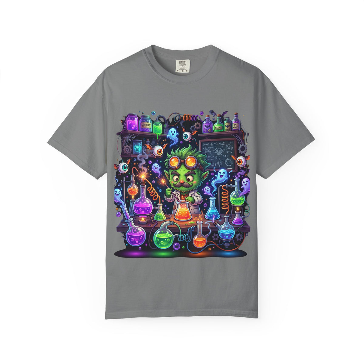 Mad Scientist Cat Lab T-Shirt — Neon Potion Halloween Tee